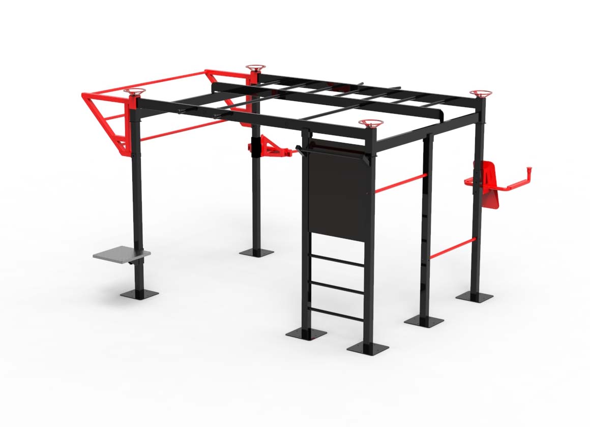 Image d'une structure de sport Box Fit © en rouge, un équipement fixe d'entraînement physique permettant d'effectuer du renforcement musculaire, du cardio-training et des étirements.